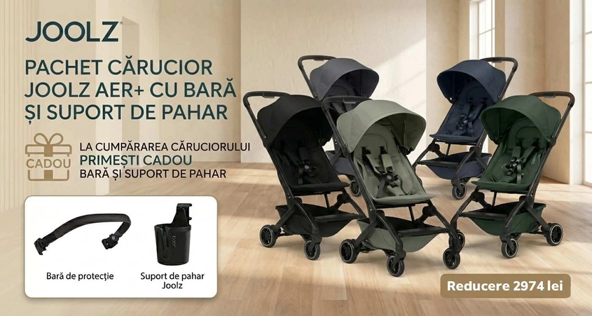 Promo Pachet cărucior Joolz Aer+ cu bară și suport de pahar