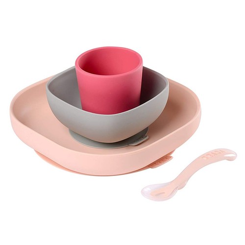 Beaba Набор посуды (2 тарелки, стакан, ложка) Silicone Meal Set pink