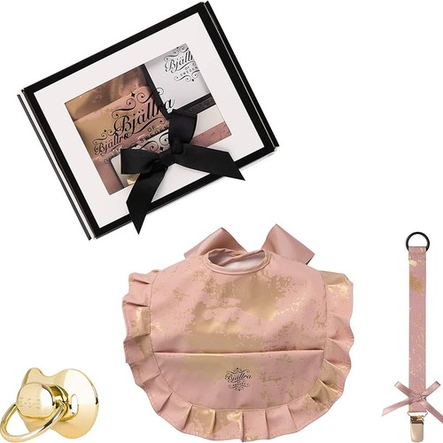 Set-cadou Baveta, suzeta si lant pentru suzeta colectia Pink Golden, Bjallra of Sweden